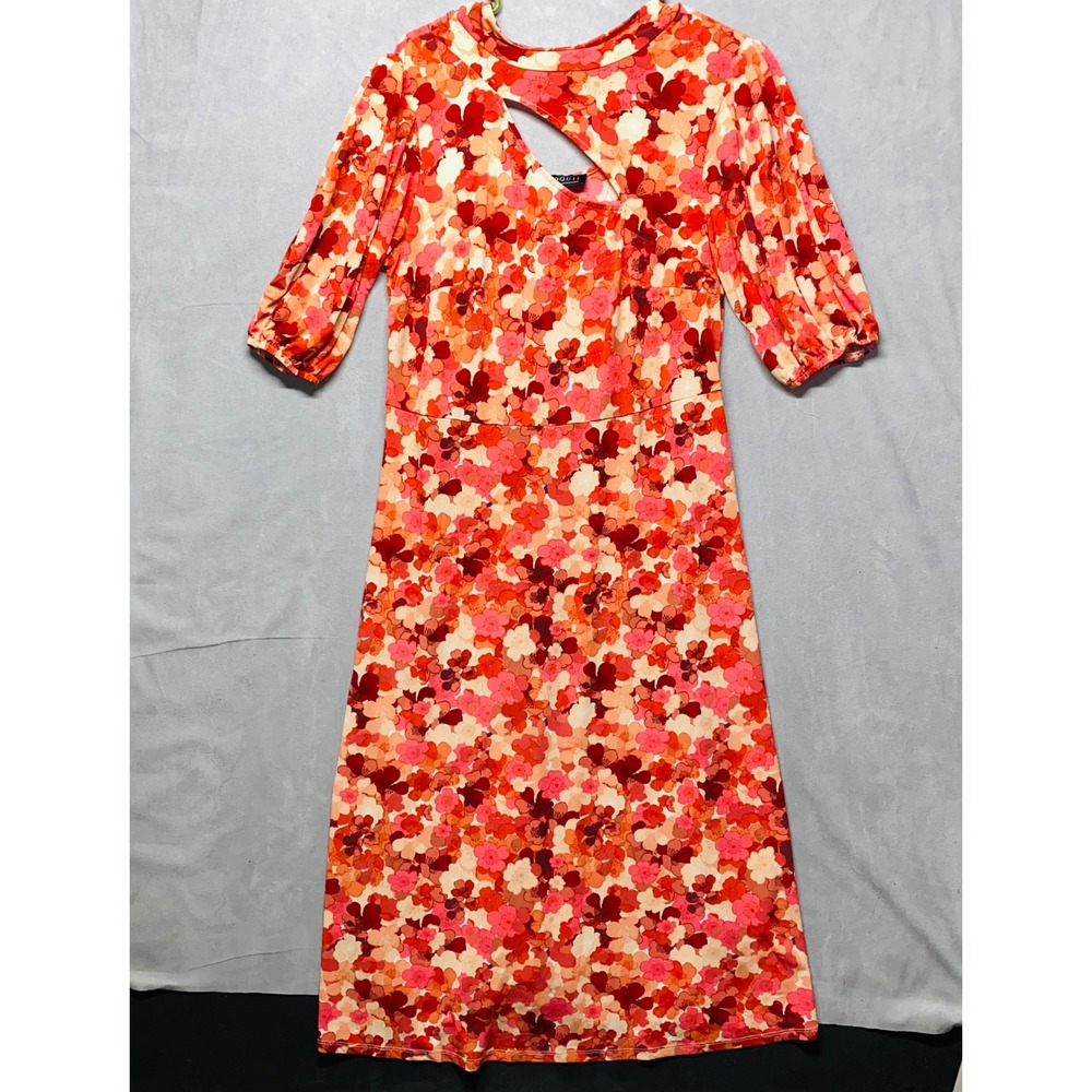 ELOQUII Floral Print Cutout Neck Maxi Dress Size‎ 16 Orange Red Pink